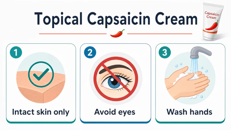 Safe-use steps for topical capsaicin cream: intact skin only, avoid eyes, wash hands.