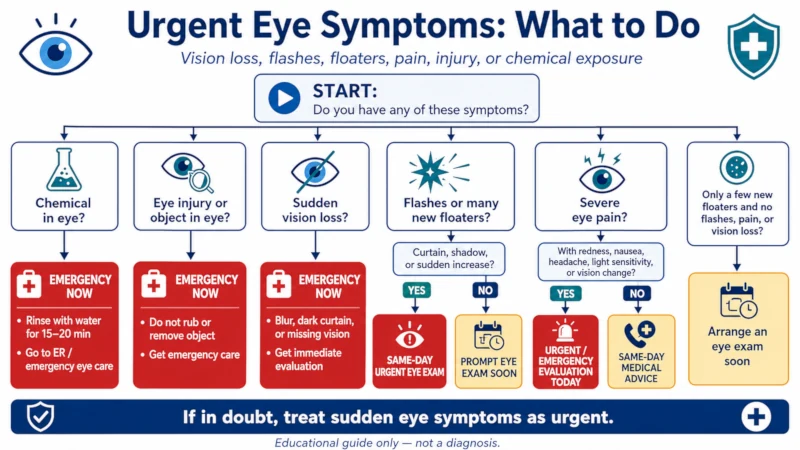 Decision tree for sudden vision loss, flashes, new floaters, severe pain, injury, and chemical exposure