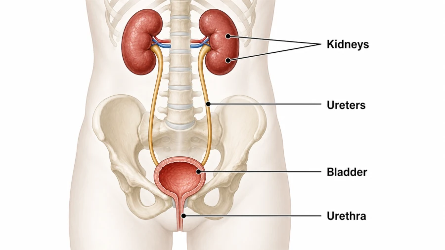 Labeled diagram of the urinary system: kidneys, ureters, bladder, urethra.