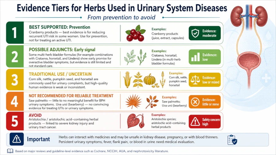 Evidence tiers for herbs used in urinary system diseases, from prevention to avoid.