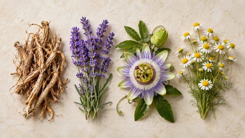 Valerian root, lavender, passionflower, and chamomile shown side by side.