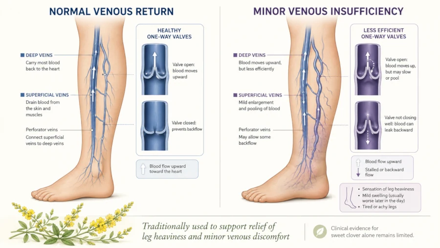 Diagram showing how venotonic herbs like sweet clover may support leg vein health