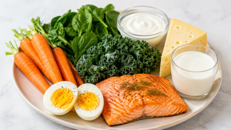 Plate with carrots, leafy greens, eggs, dairy, and fish as food sources related to vitamin A