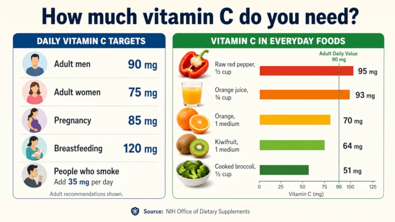 Table of daily vitamin C requirements by group alongside milligram amounts in red pepper, orange juice, orange, kiwifruit and broccoli
