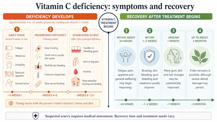 Timeline showing vitamin C deficiency symptoms appearing between four and twelve weeks and recovery milestones at twenty-four hours, two weeks, one month and three months after treatment