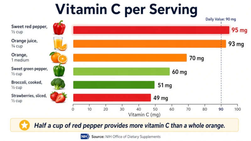 Bar chart comparing vitamin C per serving in red pepper, orange juice, orange, green pepper, broccoli, and strawberries.
