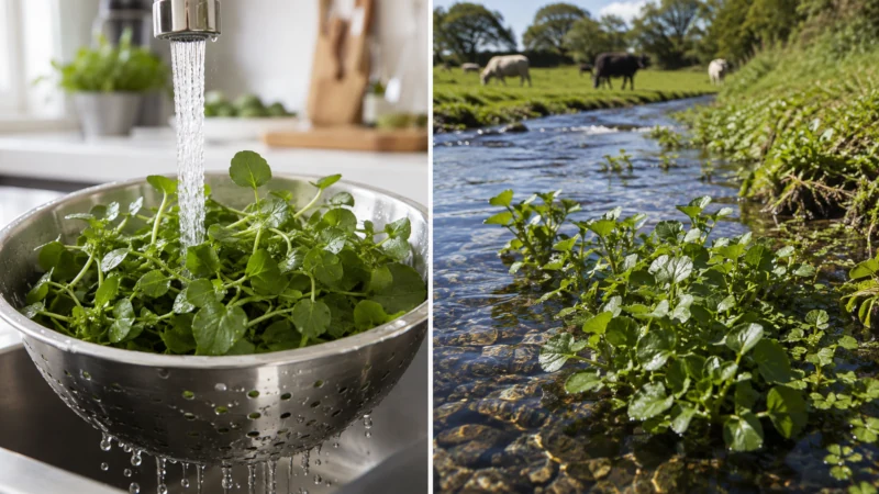 Washed store-bought watercress beside wild watercress growing in a freshwater stream
