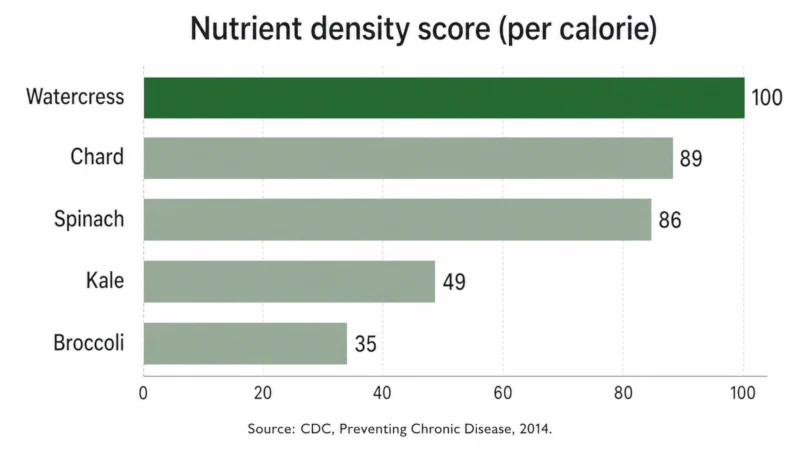 Horizontal bar chart showing watercress benefits scoring 100 for nutrient density, above chard, spinach, and kale.