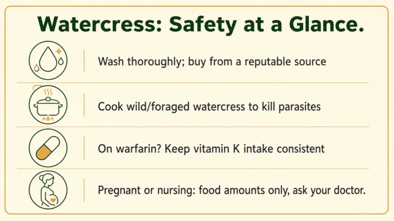 Summary card listing watercress safety points: wash well, cook wild watercress, warfarin consistency, pregnancy caution.