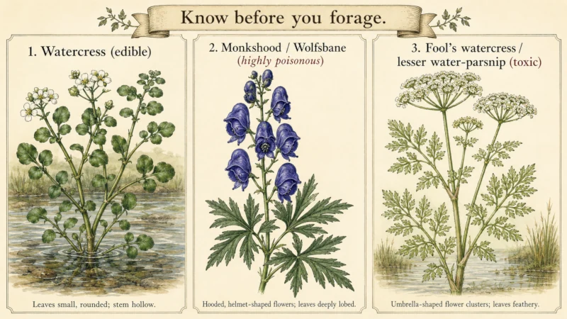 Side-by-side botanical illustration comparing edible watercress with poisonous monkshood and fool's watercress.