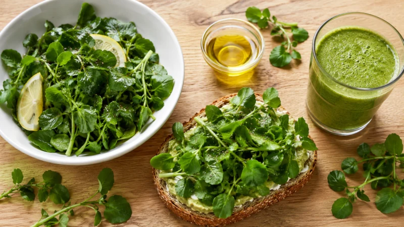 Overhead photo of fresh watercress shown in a salad, on a wholegrain sandwich, and in a green smoothie.