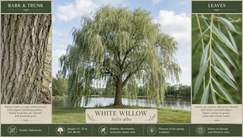 white willow tree leaves, bark, and trunk