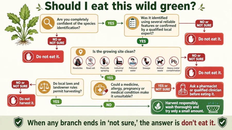 Flowchart guiding a decision about eating a foraged green based on confident species identification, clean growing site, local foraging rules and medication interactions