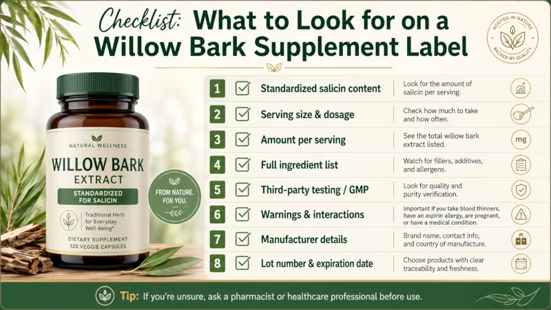 Checklist of what to look for on a willow bark supplement label