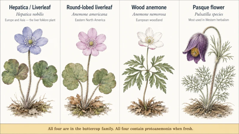 Four windflower plants compared: hepatica, round-lobed liverleaf, wood anemone and pasque flower, with leaf and flower shapes labeled