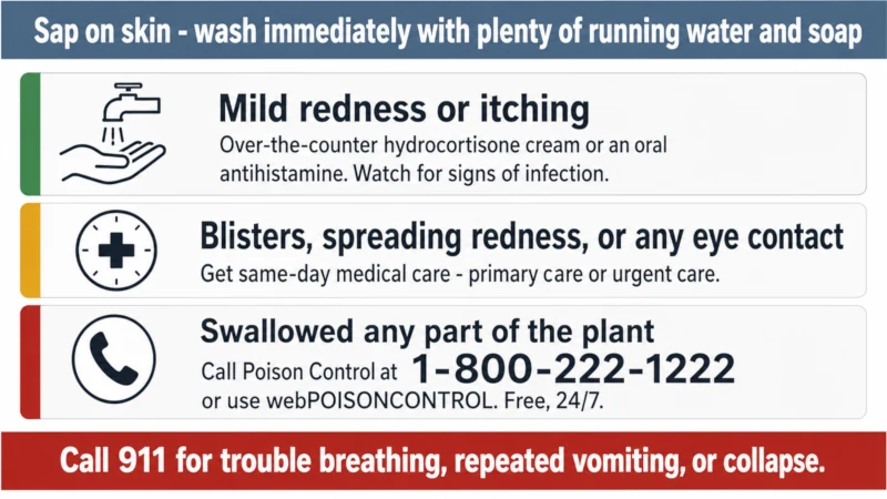First aid decision chart for windflower sap exposure showing washing steps, when to seek same-day care, and when to call Poison Control or 911