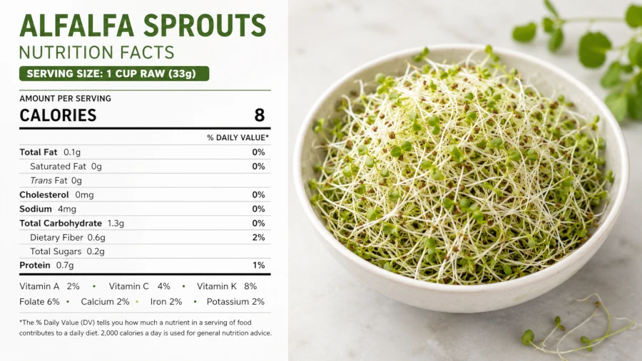Nutrition facts for one cup of raw alfalfa sprouts.