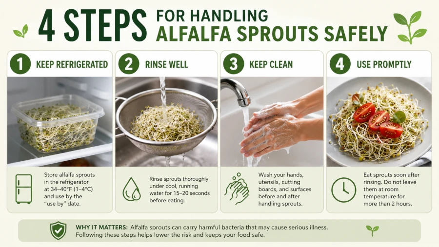 Four steps for handling alfalfa sprouts safely.f