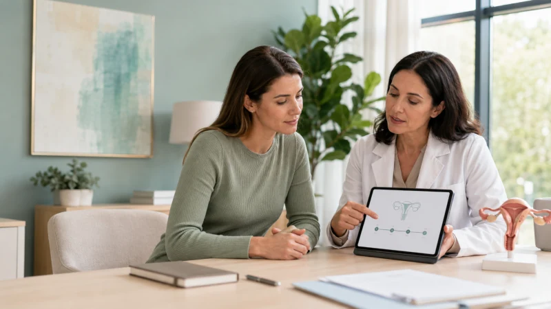 Patient discussing artificial insemination treatment with a fertility specialist in a modern clinic