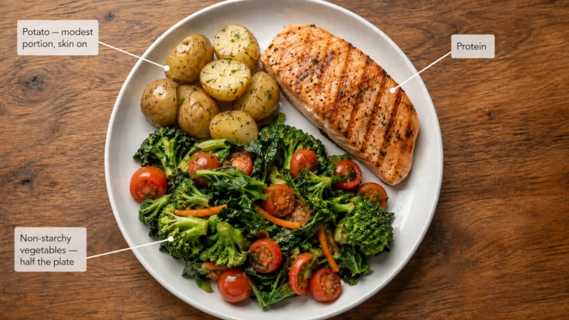 A balanced plate with a skin-on boiled potato, a portion of protein, and non-starchy vegetables.