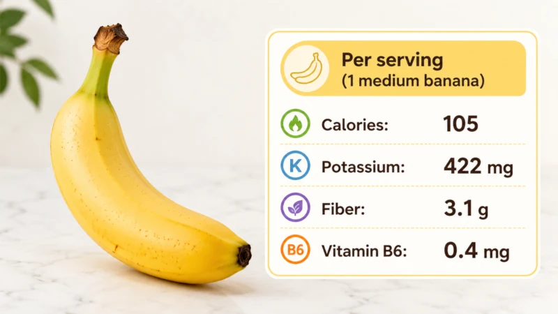 Medium banana beside a label showing calories, potassium, fiber, and vitamin B6 per serving