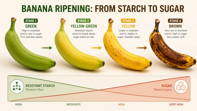 Four bananas from green to brown with a bar showing resistant starch falling and sugar rising