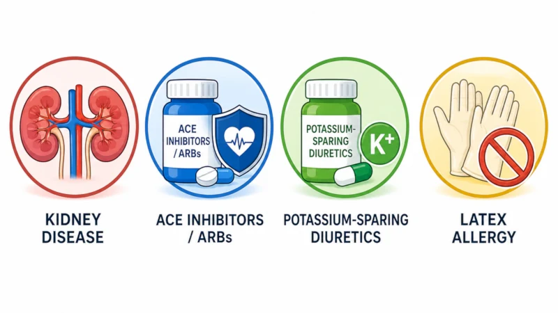 Icons for kidney disease, ACE inhibitors/ARBs, potassium-sparing diuretics, and latex allergy