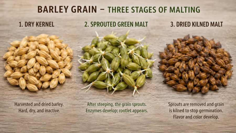 Barley grain shown at three stages: dry kernel, sprouted green malt with rootlet, and dried kilned malt