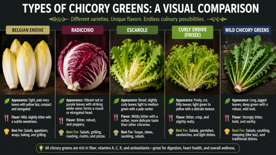 Labelled comparison of Belgian endive, radicchio, escarole, curly endive and wild chicory greens