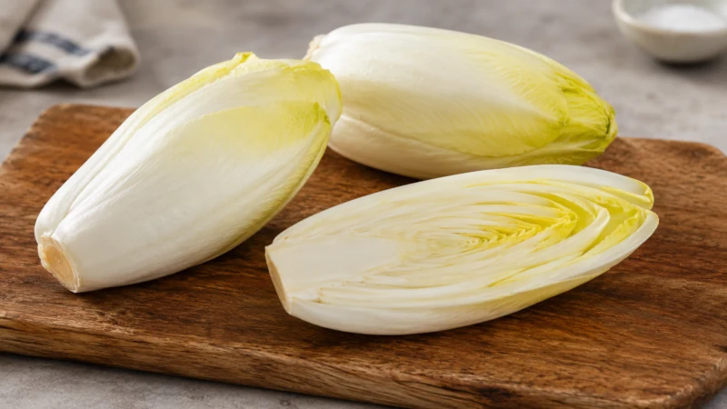 Two whole Belgian endive heads and one halved lengthwise on a wooden board