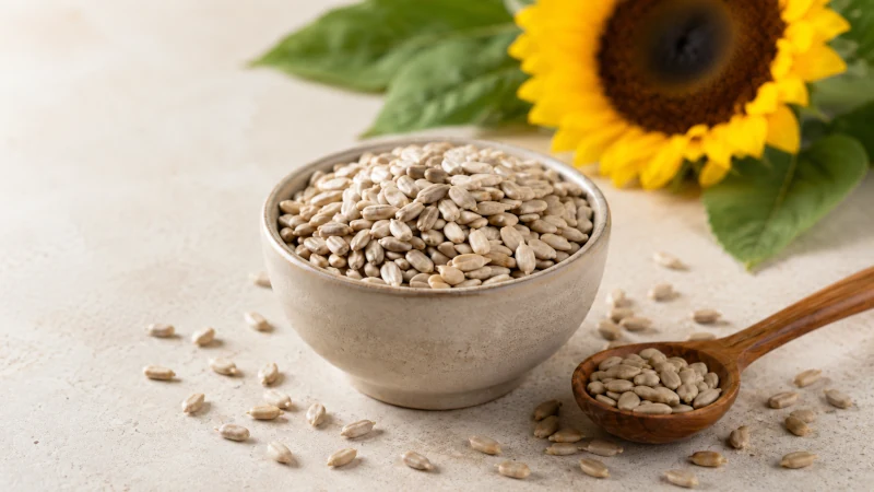 Fresh sunflower seed kernels in a small ceramic bowl beside a sunflower head and scattered seeds
