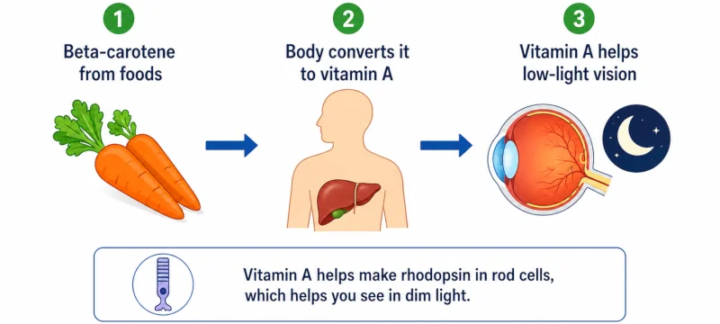 Diagram of beta-carotene converting to vitamin A and its role in low-light vision.