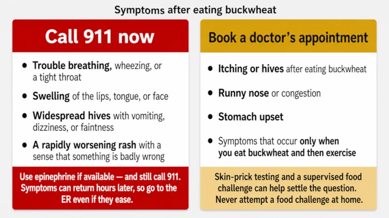Guide comparing buckwheat-allergy symptoms that require an immediate 911 call with milder symptoms that warrant a doctor’s appointment.