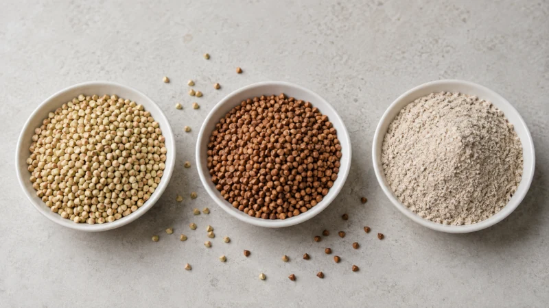 Raw buckwheat groats, roasted kasha and buckwheat flour in three bowls side by side