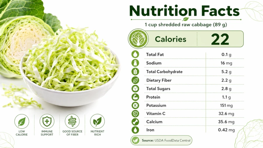 health benefits of cabbage: Nutrition facts for one cup of shredded raw cabbage.