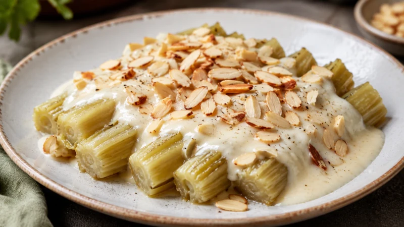 A dish of boiled cardoon stalks topped with béchamel sauce and slivered almonds.