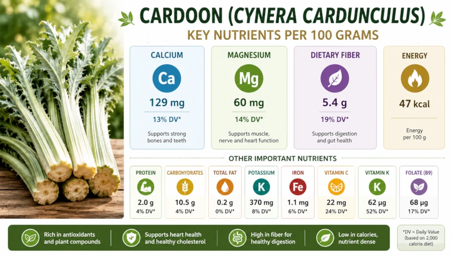 Chart of cardoon's key nutrients per 100 grams, including calcium, magnesium, and fiber highlighting cardoon health benefits