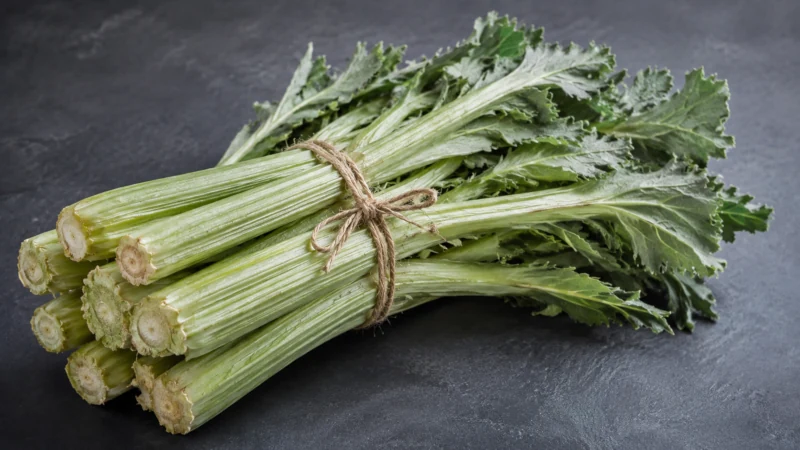 Raw cardoon stalks bundled together, resembling large celery