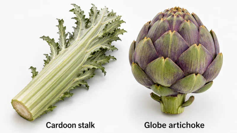 Side-by-side comparison of a cardoon stalk and a globe artichoke