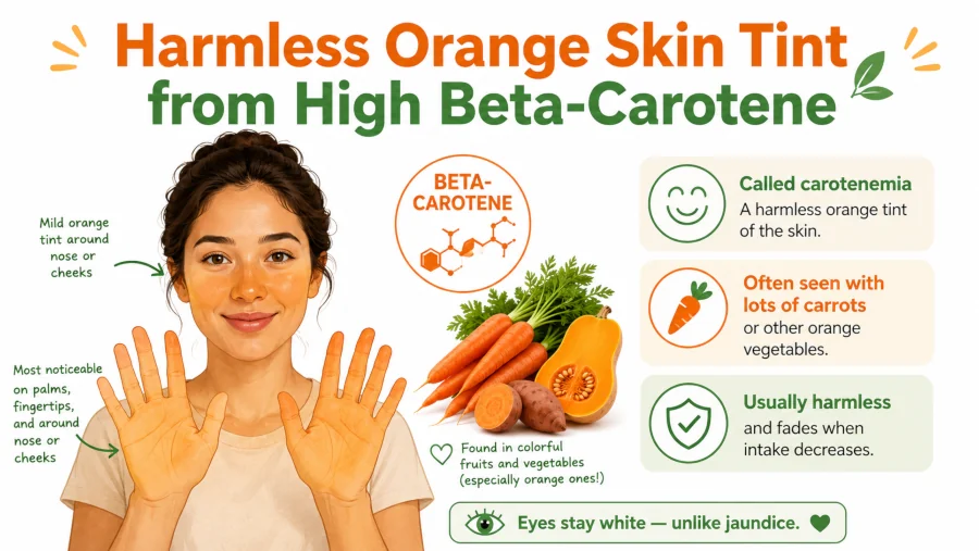 Illustration showing harmless orange skin tint from high beta-carotene intake.