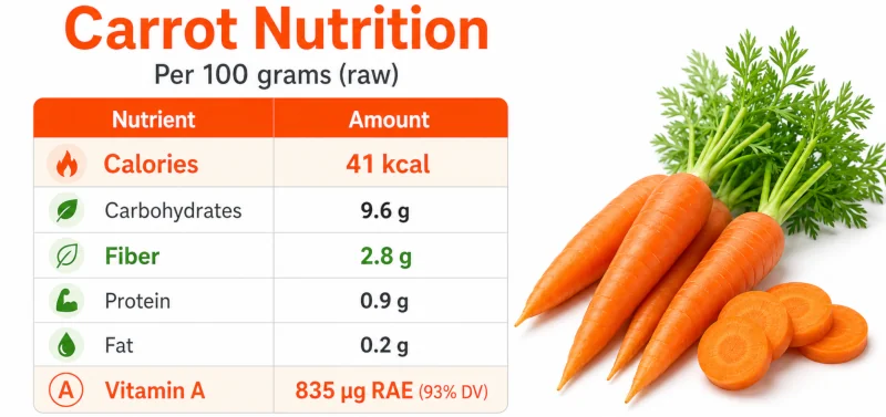 Chart showing carrot nutrition per 100 grams including calories, fiber, and vitamin A.