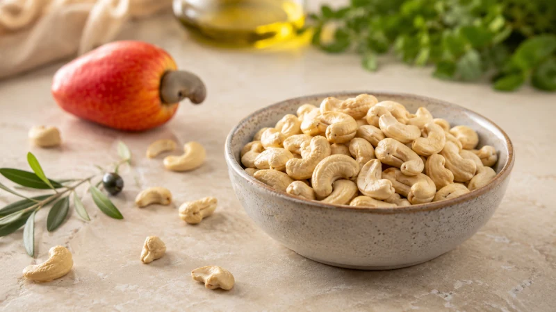 Cashews in a bowl with fresh cashew fruit representing cashew nutrition and health benefits