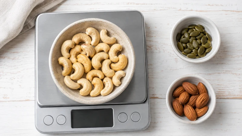 One ounce serving of about 18 cashews showing a realistic daily portion