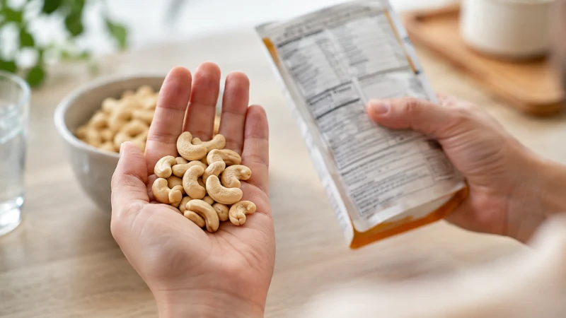 Small serving of unsalted cashews beside a food allergy warning label