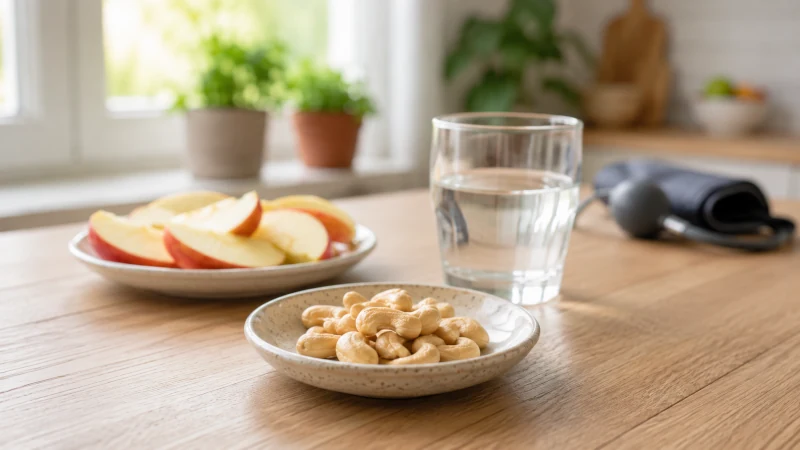 Unsalted cashews served as a balanced snack with fresh fruit and water