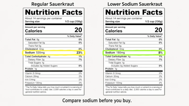 Two sauerkraut nutrition labels with different sodium amounts highlighted