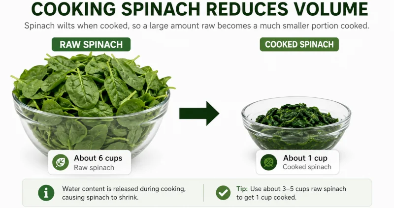 Comparison showing a large bowl of raw spinach reducing to a small portion when cooked.