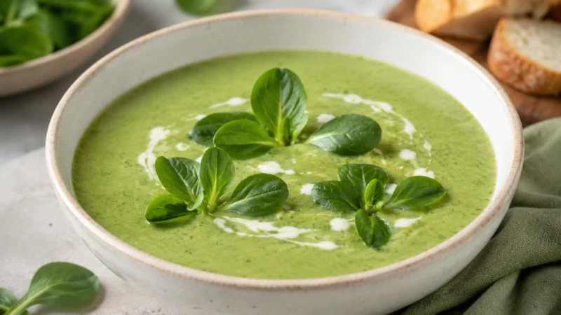 Creamy mâche lettuce soup garnished with fresh leaves