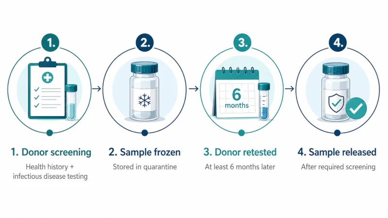 Four-step donor sperm safety process showing screening, freezing and quarantine, donor retesting, and release for use