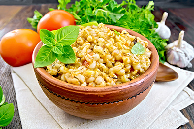 big ceramic bowl of barley soup